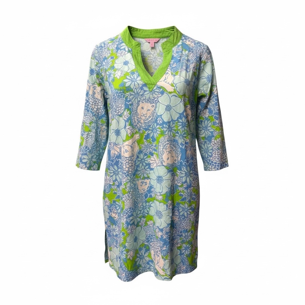 Lilly Pulitzer Lion Print Tunic Top Blue Green Cotton Resort Preppy M - Picture 2 of 6